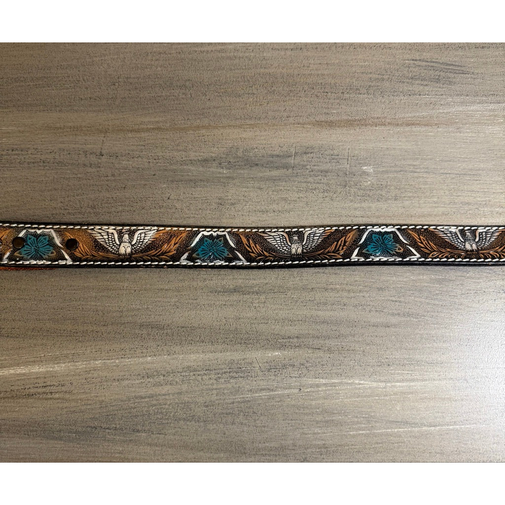 Vintage Tooled Cowhide Leather Belt Eagle/Floral Teal 26 Waist - Picture 6 of 12